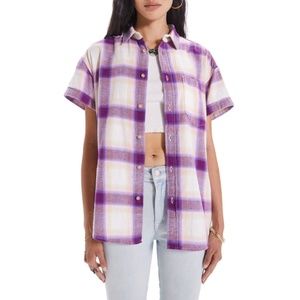 MOTHER Denim Short Sleeve Shirt Cotton Plaid Paying In Sand Dollars Small NEW